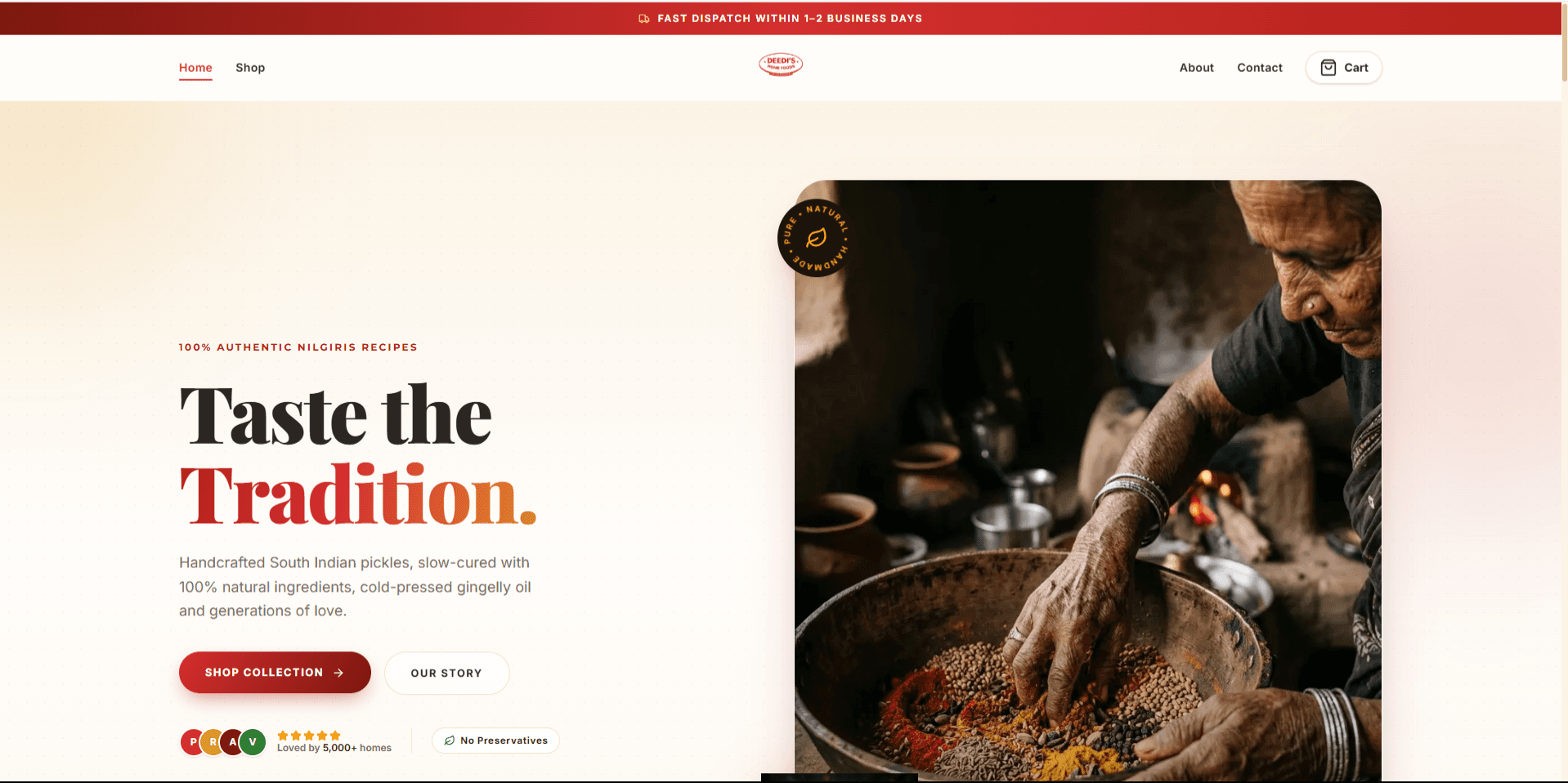 Deedis homepage hero: 'Taste the Tradition.' headline beside a photo of pickle spices being hand-mixed, with a 100% Authentic Nilgiris Recipes badge.