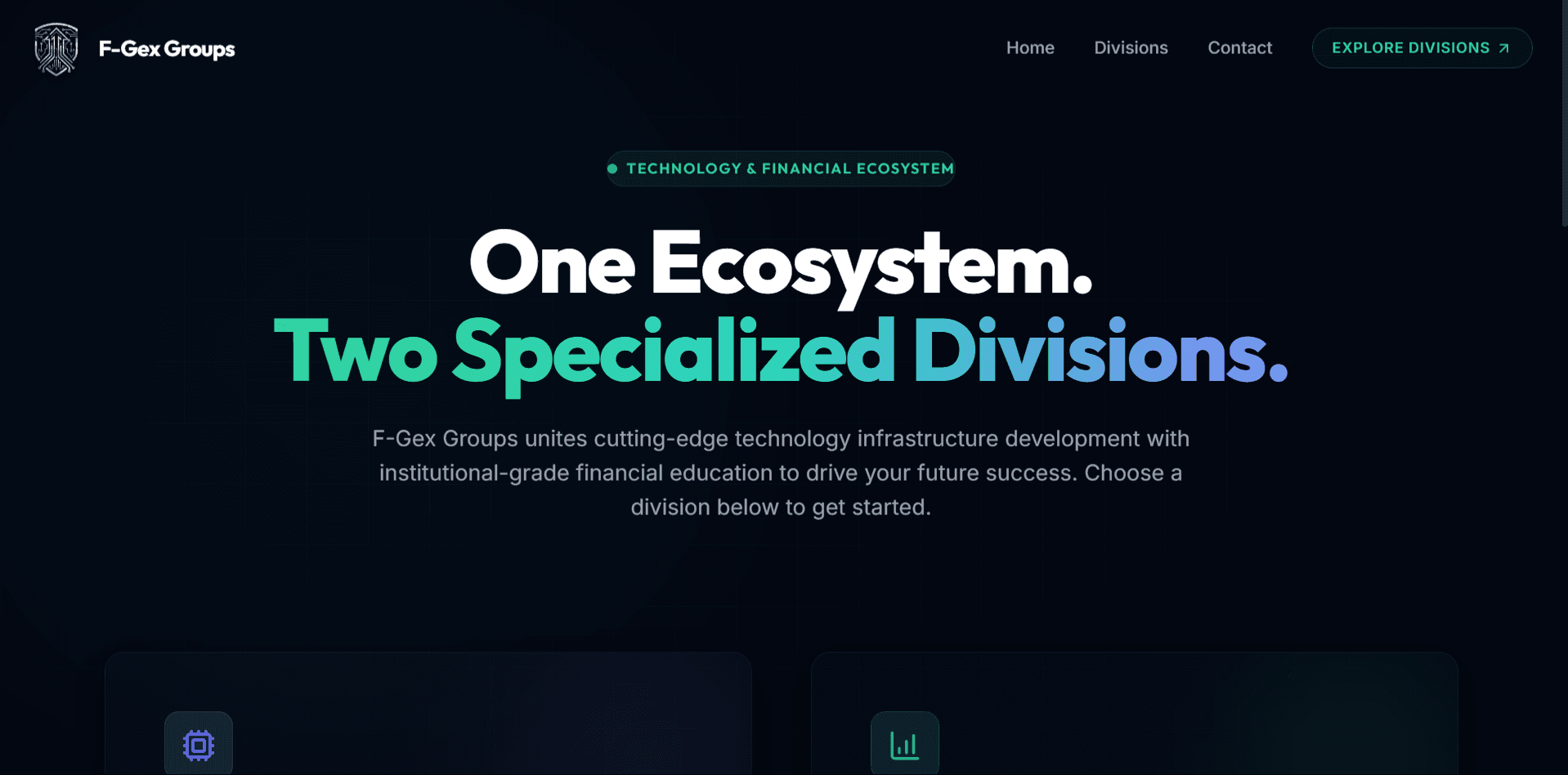 F-Gex Groups homepage hero: 'One Ecosystem. Two Specialized Divisions.' headline on a dark background with technology and finance division icons.