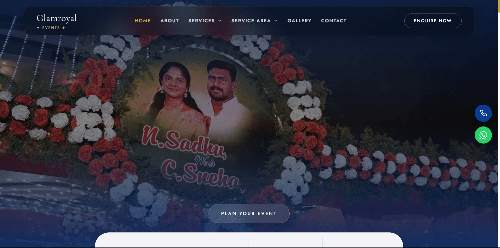 Glamroyal Events homepage hero: a floral wedding stage photo from a real event, with a Plan Your Event call-to-action.
