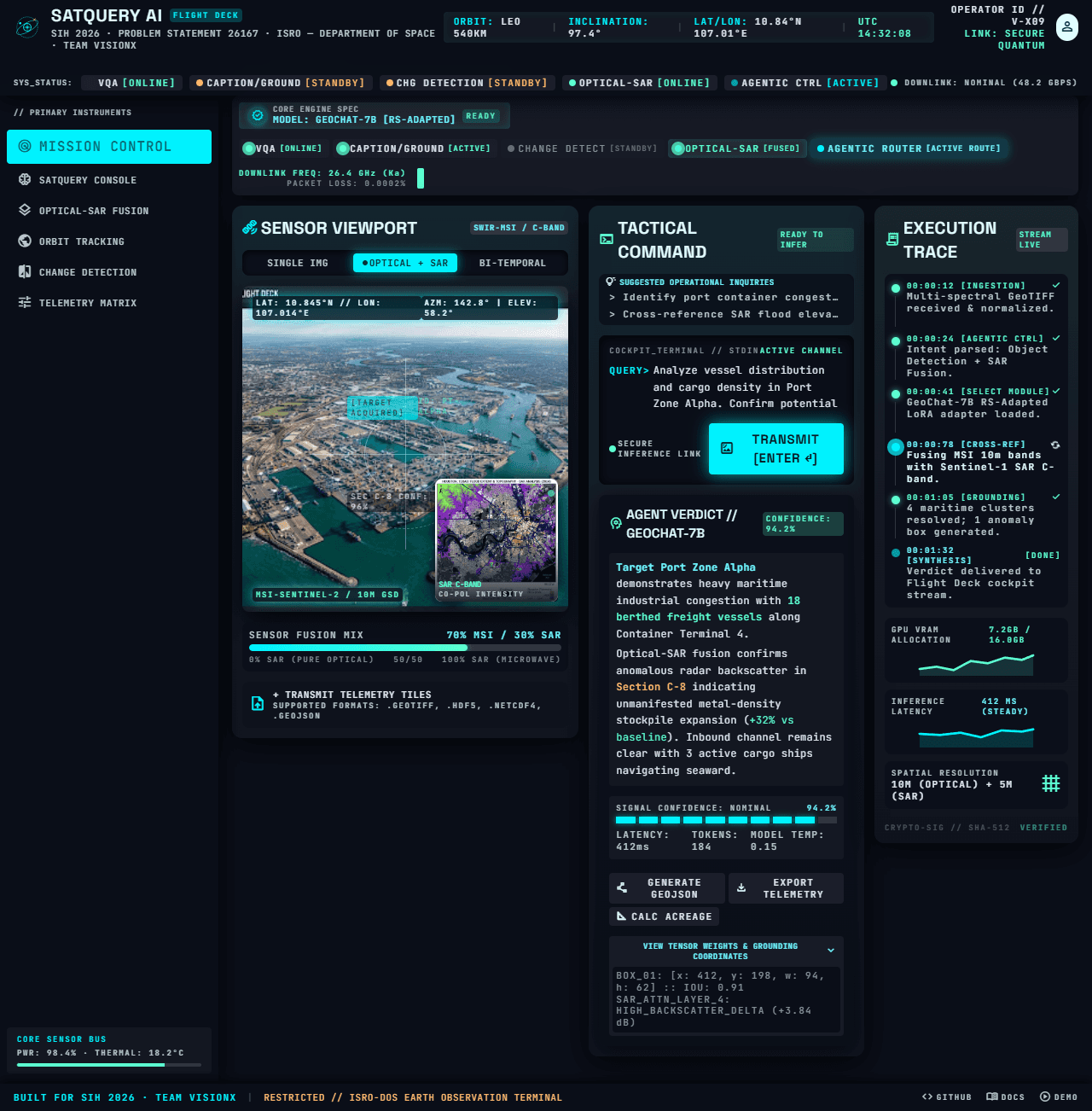 SatQuery AI mission control interface showing a satellite sensor viewport, tactical command console, and live execution trace for remote-sensing analysis.