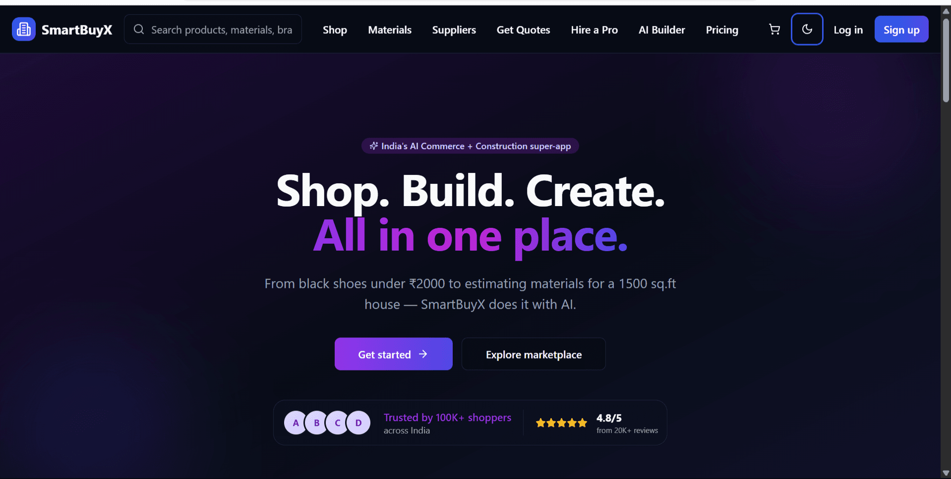 SmartBuyX homepage hero: 'Shop. Build. Create. All in one place.' headline on a dark purple background with Get Started and Explore Marketplace buttons.